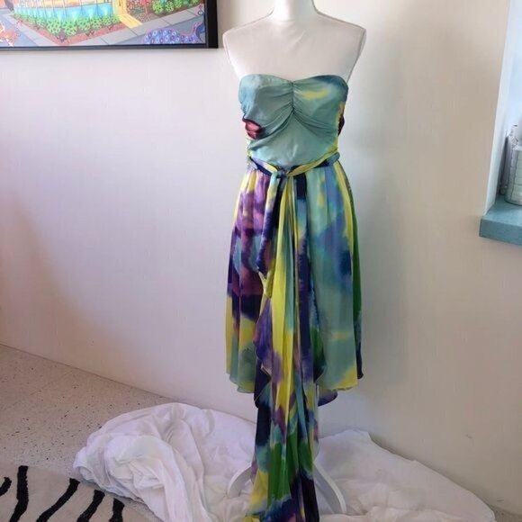Christian Lacroix Dress Womens Size 6 Tie Dye Effect Silk Strapless Sash Waist - Picture 13 of 14